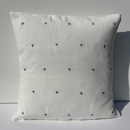 Handmade white linen cushion blue embroidery